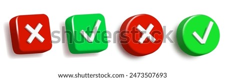 3d check and cross buttons. Red and green round buttons with 3D icons. Vector clipart isolated on white background.