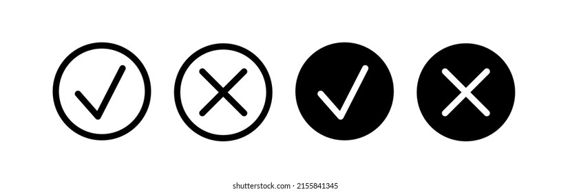 Botones de verificación y cruz 3d. Marque y cancele. Icono redondo negro. Clipart vector aislado en fondo blanco.