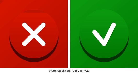 3D-Check und Kreuzsymbole. Rote und grüne Symbole. Vektorclipart