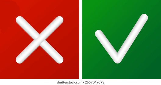 3D-Check und Kreuzsymbole. Rote und grüne Symbole. Vektorclipart