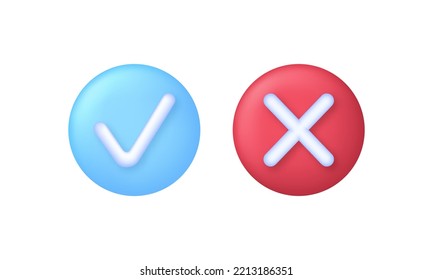 3D Check and Cross marks isolated on white background. Yes or no. Can be used for many purposes. Trendy and modern vector in 3d style.