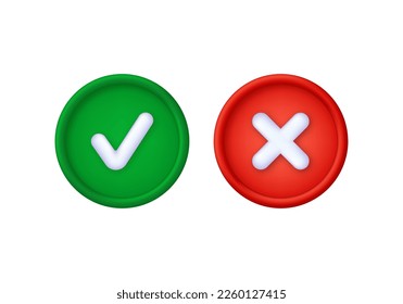3D Check and Cross marks isolated on white background. Yes or no. Can be used for many purposes. Trendy and modern vector in 3d style.