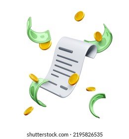 3D check with falling gold coins and green paper currency. Payment bill and realistic money in cartoon style. Business design element for banners. Vector illustration 