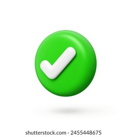 3d check icon, checklist tick, done mark. Green circle with a white tick angle view. Isolated vector plastic style checkmark, symbol of selection, confirmation or approval. Yes button for web app