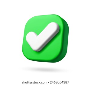 3d check icon, checklist tick, done mark. Green squared button with a white tick angle view. Isolated vector plastic style checkmark, symbol of selection, confirmation or approval for web application