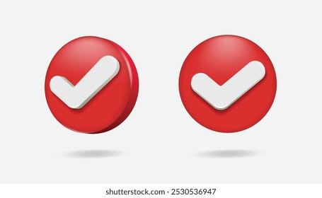 Icono de verificación 3D, lista de verificación tick, marca hecha. Vector de verificación realista de estilo plástico, símbolo de selección, confirmación o Aprobación. Círculo rojo con una garrapata blanca. Sí Botón para Diseño web o App