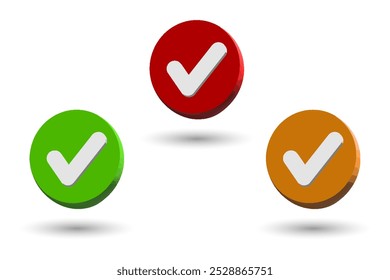 3D check icon. Checkmark, confirmation or approval plastic style yes or done button.