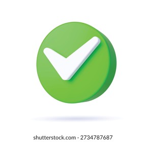 3d check list icon, checklist tick, done mark. Green circle with a white tick. Isolated vector plastic or plasticine checkmark, symbol of selection, confirmation or approval. Yes button for web app