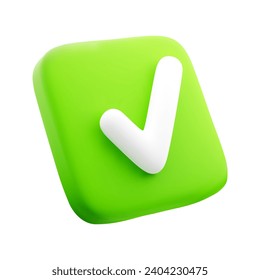 3D Check Mark Box Icon Isolated on White Background. Design Element for Confirmation, Done Task or Approvement Concept. Button for App. Vector Illustration of 3d render in Cartoonish Style.