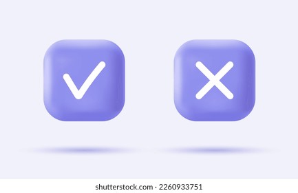 3d check mark and cross mark icon on realistic violet buttons. Yes and no signs. Modern infographic logo and pictogram collection. Vector cartoon illustration.