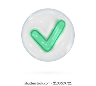 Icono de marca de verificación 3d. El verde confirma el gesto de vidrio brillante en una burbuja blanca. Elemento de diseño de representación del vector.