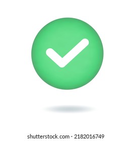 3d check mark icon, green button isolated on white background. Vector illustration.