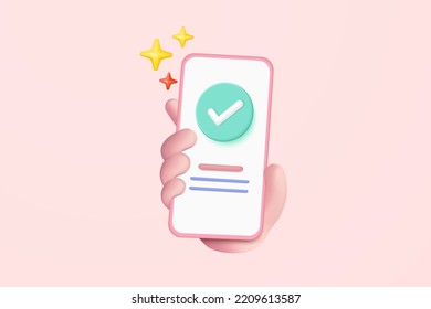 3d check mark icon isolated on mobile phone in holding hand. 3d check list button best choice for right, success, tick, accept, approve, agree on application. 3d mark icon vector render illustration