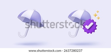 3d check mark icon on purple umbrella with curved handle. Insurance protection with check list, best choice for right, success, tick, accept. choose icon vector with shadow 3D render illustration