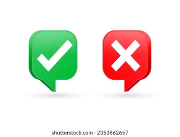 3d check mark icon set in speech bubble. check box icon with right and wrong 3d button and yes or no checkmark icons in green tick box and red cross. vector illustration