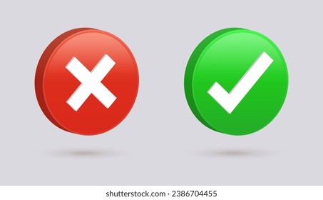 3d check mark icon set. check box icon with right and wrong 3d button and yes or no checkmark icons in green tick box and red cross. vector illustration