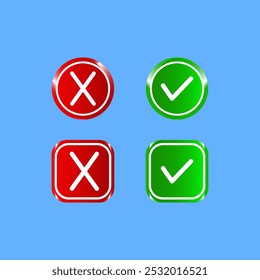 3D Check mark icon set. Check box icon with right and wrong yes or no circle square shiny buttons check mark icons in green and red color