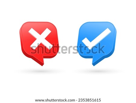3d check mark icon set in speech bubble. check box icon with right and wrong 3d button and yes or no checkmark icons in green tick box and red cross. vector illustration