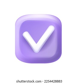 3D check mark icon, vector checkmark tick square checkbox, ok button, approved decision sign. Success answer, correct agreement positive box, UI right symbol result. 3D checkmark cartoon badge