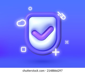 3D check mark neon for paper design. 3D Shield check mark icon. Vector certificate icon. Tick icon. Isolated vector illustration