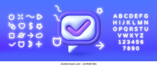 3D check mark neon for paper design. Check mark speech bubble in cartoon style on blue background. Vector certificate icon. Tick icon. Isolated vector illustration