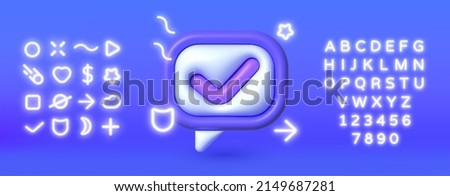3D check mark neon for paper design. Check mark speech bubble in cartoon style on blue background. Vector certificate icon. Tick icon. Isolated vector illustration
