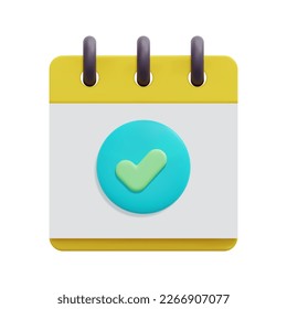 3d check mark on calendar icon vector. Isolated on white background. 3d follow up, success, approve, complete and goal concept. Cartoon minimal style. 3d calendar icon vector render illustration.