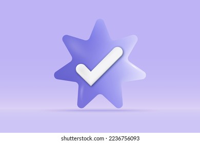 3d check mark success icon Isolated on light blue background. Realistic star sign tick, checkbox, accept, agree 3d vector rendering illustration.