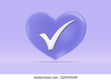 Icono de marca 3d de éxito Isolado en fondo azul claro. Señal de amor realista, casilla de verificación, aceptar, acordar ilustración de representación vectorial 3d.