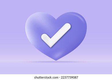 Icono de marca 3d de éxito Isolado en fondo azul claro. Señal de amor realista, casilla de verificación, aceptar, acordar ilustración de representación vectorial 3d.