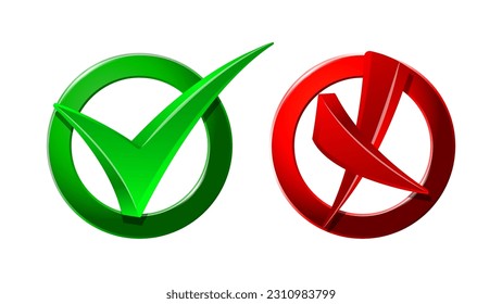 3d Check Marks pros and cons. Green mark and red cross in checkbox. Vector illustration isolated on white background