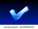 3d check or tick icon in shining metal style, isolated on dark blue background. Check icon in 3d vector illustration