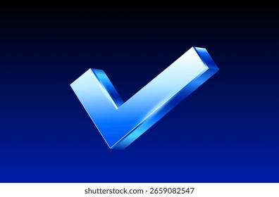 Icono del cheque o de la garrapata 3D en estilo brillante del metal, aislado en fondo azul oscuro. Icono de verificación en Ilustración vectorial 3d