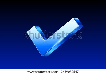 3d check or tick icon in shining metal style, isolated on dark blue background. Check icon in 3d vector illustration