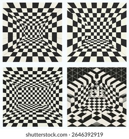 3D Checkerboard Optical Illusion Pattern Bundle, conjunto de 4 projetos de vetor de grade preto e branco com efeito de profundidade de túnel, brilhante e acabamento fosco, ideal para cartazes, fundos, impressão, arte visual
