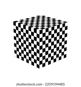 3D checkered cube isolated on white background. Isometric box with chequered pattern. Square shape in three dimension space. Vector flat illustration.