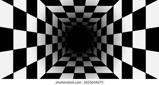 Fundo de Ilusão de Túnel 3D Checkered - Grade Perspectiva Preto e Cinza. eps10