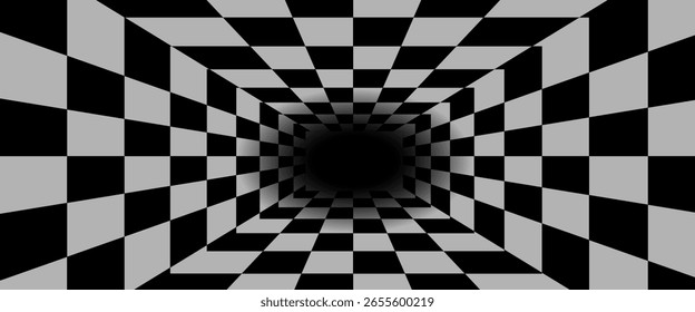 Fondo de ilusión de túnel a cuadros 3D: rejilla de Perspectiva negra y gris. eps10