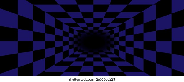 3D Checkered Tunnel Illusion Hintergrund - Schwarz und blau Marine Perspektive Grid. Vektorgrafik, Website, Banner