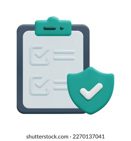 3d checklist, check mark and shield icon vector. Isolated on white background. 3d health insurance concept. Cartoon minimal style. 3d icon vector render illustration.