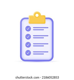 3d checklist with check marks in a minimalistic cartoon style. concept of planning, doing assignments, exam or testing. vector illustration isolated on white background.