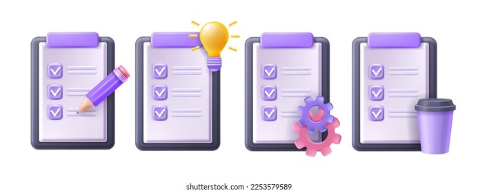 3D checklist clipboard vector icon set, online digital checkbox form  clipart, exam paper document. Education test, marketing questionnaire survey, pencil, flip chart note. Planning 3D checklist done