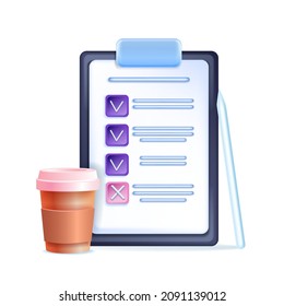 3D checklist document on clipboard, vector test paper illustration, exam note survey isolated on white. Checkbox with mark, questionnaire poll, online survey application, cup pencil. 3D checklist plan