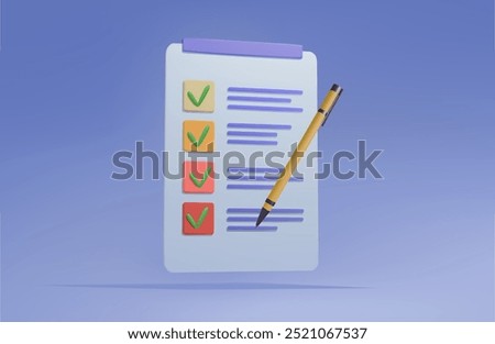 3D checklist icon with the completion of business tasks. A completed questionnaire and a pen on paper from the clipboard. Vector illustration of EPS 10.