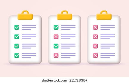 Juego de iconos de lista de verificación 3d. Marque la lista en el portapapeles con marcas de graduación y marcas de cruz. Concepto de tarea, documento, papel o prueba. Ilustración vectorial. 