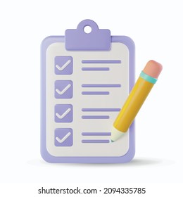 3d checklist icon vector illustration, survey document with pencil 