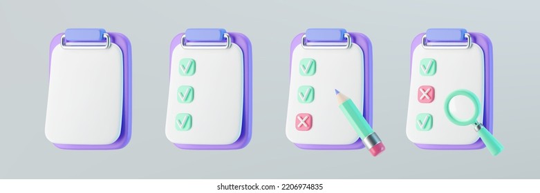 3D-Checkliste auf Clipboard-Icons gesetzt mit Häkchen, Kreuzung, Bleistift und Vergrößerungsglas. An- und Abreise, medizinische, geschäftliche und pädagogische Betreuung. 3D-Cartoon, einfache Vektorgrafik