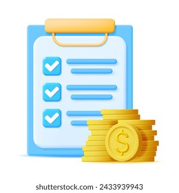 3D Checklist on Clipboard Paper with Gold Coins Isolated. Successfully Complete Business Assignments. Completion of Business Tasks. Render Money Assessment Check List. Vector Illustration