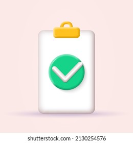 3d Checklist set with circle check mark or tick symbol. Correct, right signs. Checkmark button. List, paper or document sign. Vector illustration.