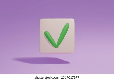 3D checkmark icon highlighted on a pink background. The selection button for the correct answer. Success. The marks "choice", "consent", "apply", "perform" action. Vector illustration of EPS 10.
